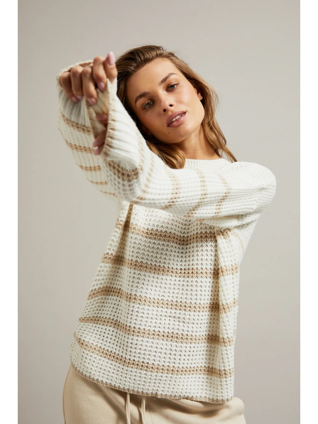 Moodo Bež pulover s črtami in okroglim izrezom Moodo