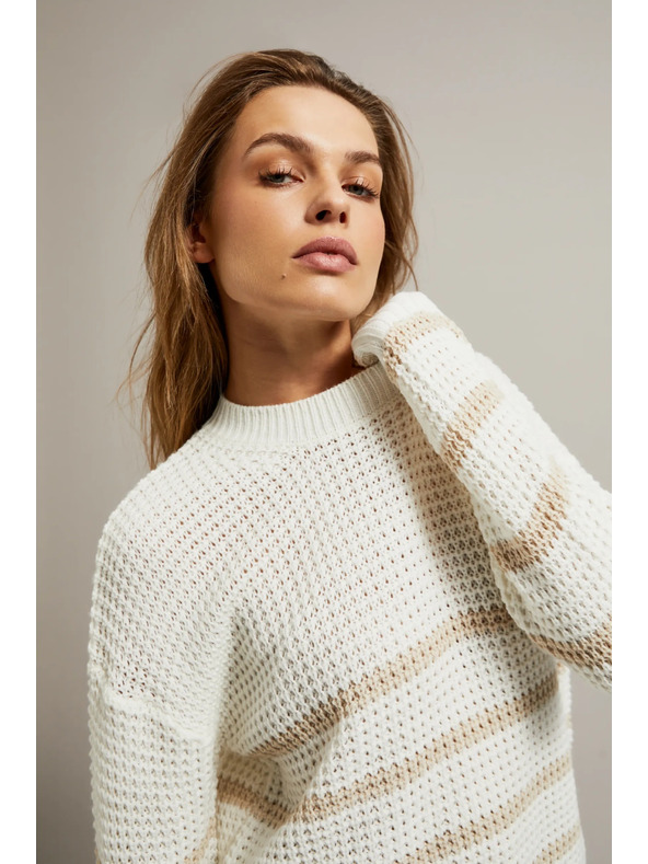 Moodo Bež pulover s črtami in okroglim izrezom Moodo