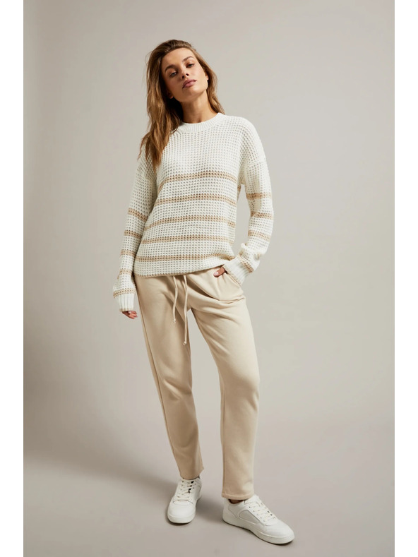 Moodo Bež pulover s črtami in okroglim izrezom Moodo