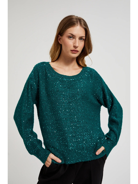 Moodo Zelen pulover s svetlikavimi detajli in okroglim izrezom Moodo