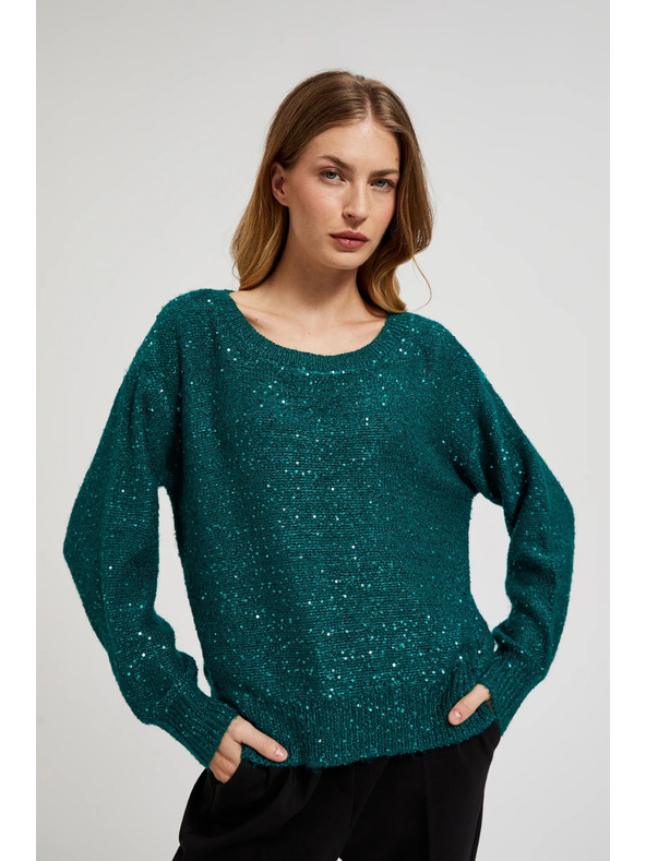 Moodo Zelen pulover s svetlikavimi detajli in okroglim izrezom Moodo