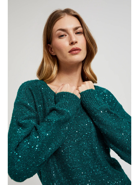 Moodo Zelen pulover s svetlikavimi detajli in okroglim izrezom Moodo