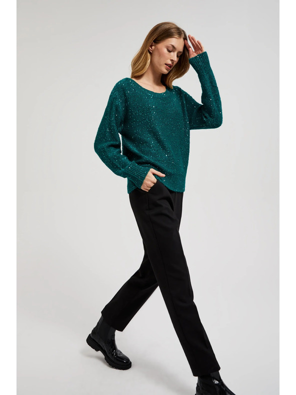 Moodo Zelen pulover s svetlikavimi detajli in okroglim izrezom Moodo