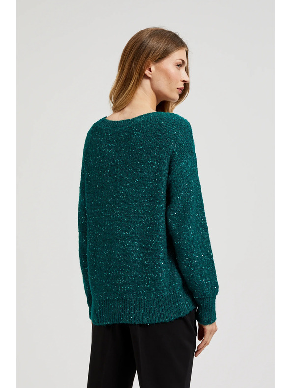 Moodo Zelen pulover s svetlikavimi detajli in okroglim izrezom Moodo