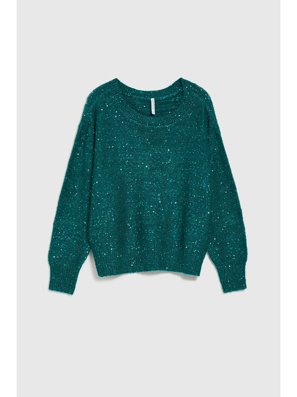 Moodo Zelen pulover s svetlikavimi detajli in okroglim izrezom Moodo