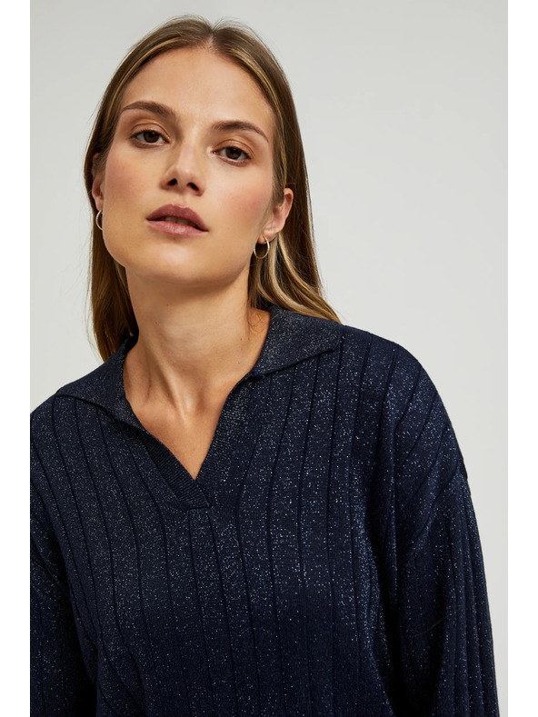 Moodo Temnomodre pulover z ovratnikom in metalno nitjo Moodo