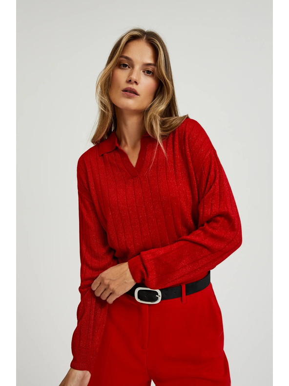 Moodo Rdeč pulover z ovratnikom in metalno nitjo Moodo