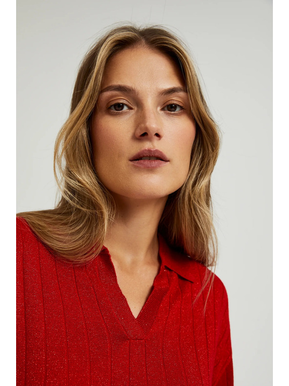 Moodo Rdeč pulover z ovratnikom in metalno nitjo Moodo