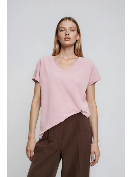 Moodo Bombažna majica z V izrezom svetlo rožnata Moodo