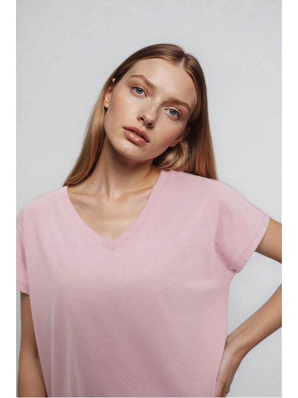 Moodo Bombažna majica z V izrezom svetlo rožnata Moodo
