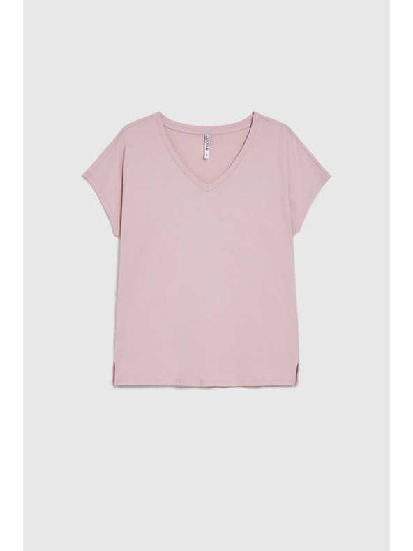 Moodo Bombažna majica z V izrezom svetlo rožnata Moodo