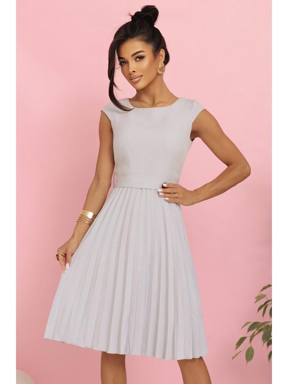 numoco LILA nagubane šaty s kratkimi rokavi in pasom - sive