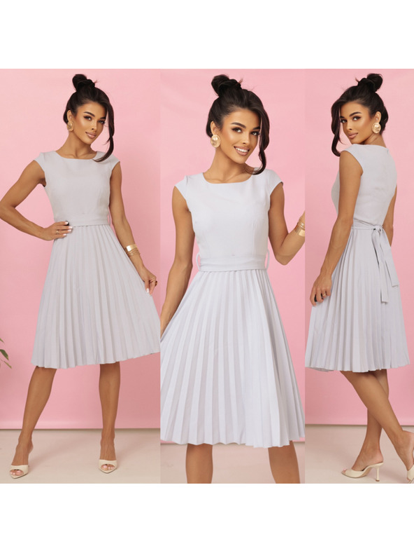 numoco LILA nagubane šaty s kratkimi rokavi in pasom - sive