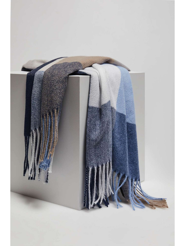 Moodo Temno modra šala s kvadratnim vzorcem in resicami Moodo