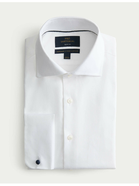 Marks & Spencer Razkošna bombažna srajca z dvojnimi manšetami ozkega kroja Marks & Spencer v beli barvi