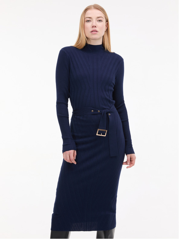 Orsay Temno modra ženska midi obleka s pasom ORSAY