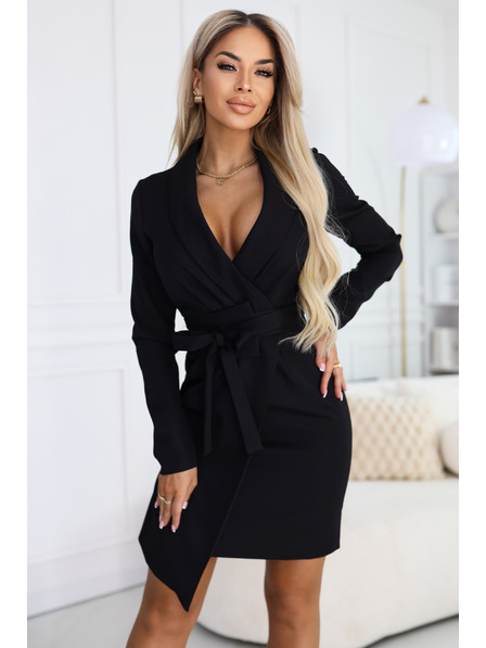 numoco Elegantne oblekové šaty s pasom in asimetrično obrobo - črne