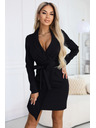numoco Elegantne oblekové šaty s pasom in asimetrično obrobo - črne
