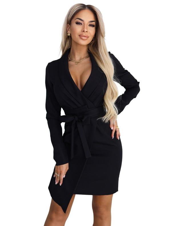 numoco Elegantne oblekové šaty s pasom in asimetrično obrobo - črne