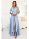 numoco AMBER Elegantna dolga čipkasta obleka z izrezom - svetlo modra
