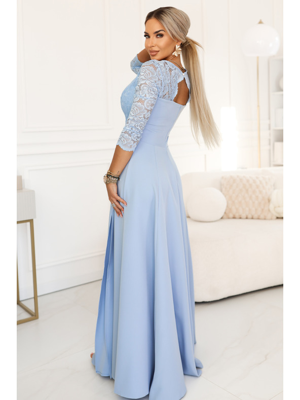 numoco AMBER Elegantna dolga čipkasta obleka z izrezom - svetlo modra