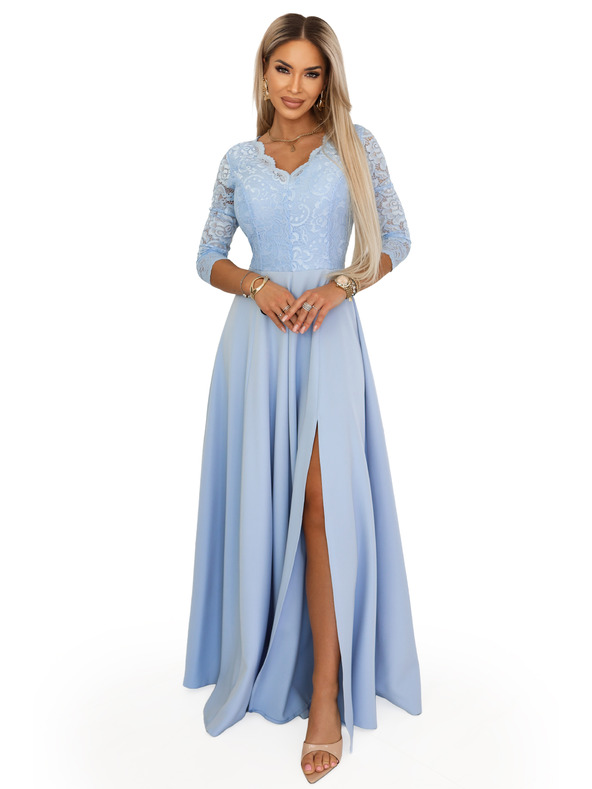 numoco AMBER Elegantna dolga čipkasta obleka z izrezom - svetlo modra
