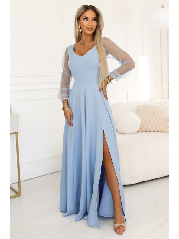 numoco LORETTA Edinstvena dolga obleka s tila rokavi in izrezom - svetlo modra