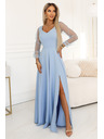 numoco LORETTA Edinstvena dolga obleka s tila rokavi in izrezom - svetlo modra