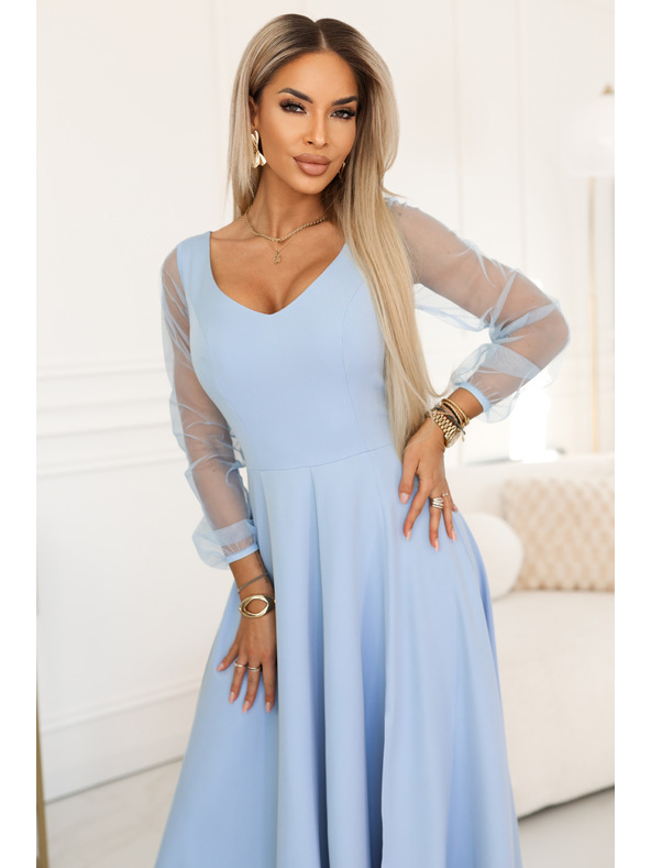 numoco LORETTA Edinstvena dolga obleka s tila rokavi in izrezom - svetlo modra