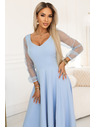 numoco LORETTA Edinstvena dolga obleka s tila rokavi in izrezom - svetlo modra