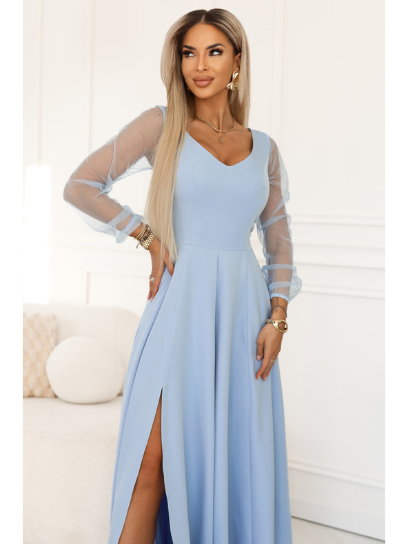 numoco LORETTA Edinstvena dolga obleka s tila rokavi in izrezom - svetlo modra