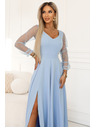 numoco LORETTA Edinstvena dolga obleka s tila rokavi in izrezom - svetlo modra