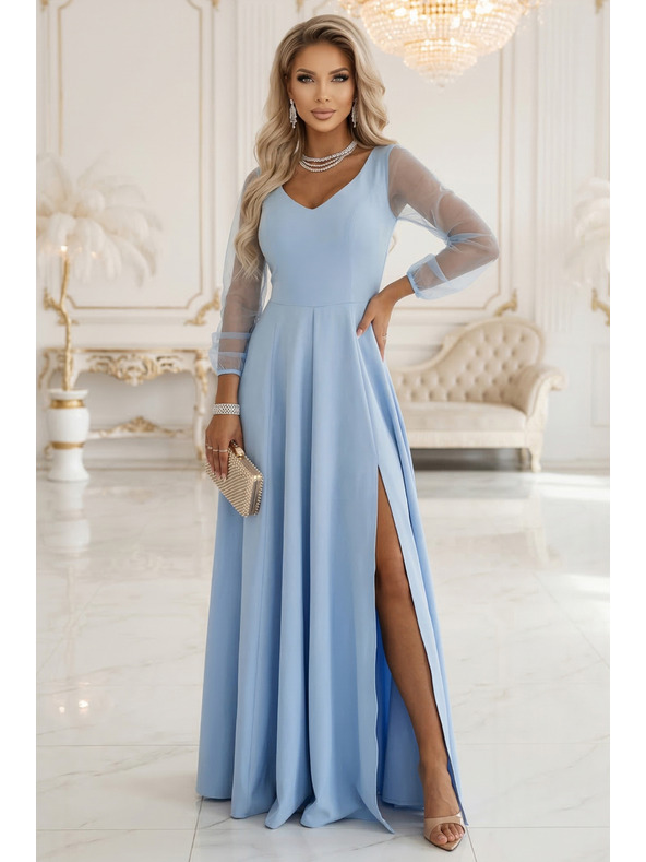 numoco LORETTA Edinstvena dolga obleka s tila rokavi in izrezom - svetlo modra
