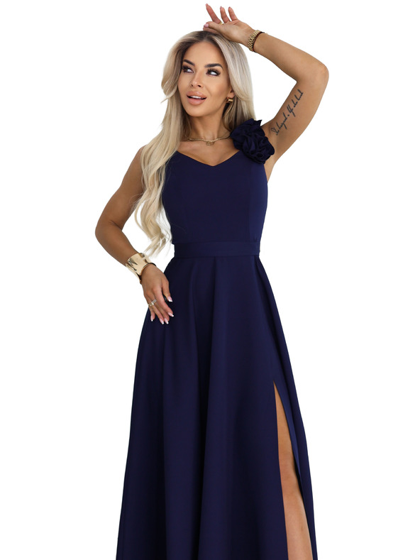 numoco Elegantne večerne maksi obleke z razporkom in vrtnicami - mornarsko modra