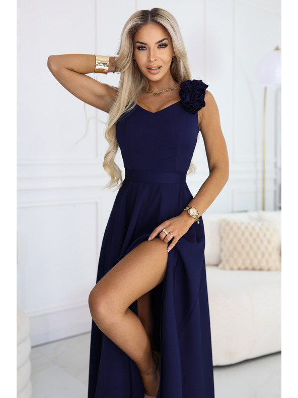 numoco Elegantne večerne maksi obleke z razporkom in vrtnicami - mornarsko modra