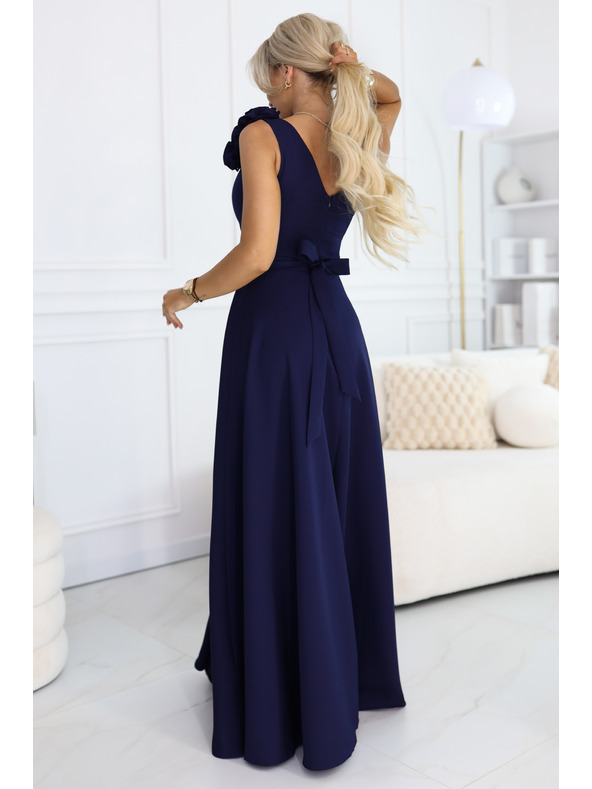 numoco Elegantne večerne maksi obleke z razporkom in vrtnicami - mornarsko modra