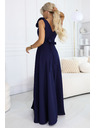numoco Elegantne večerne maksi obleke z razporkom in vrtnicami - mornarsko modra