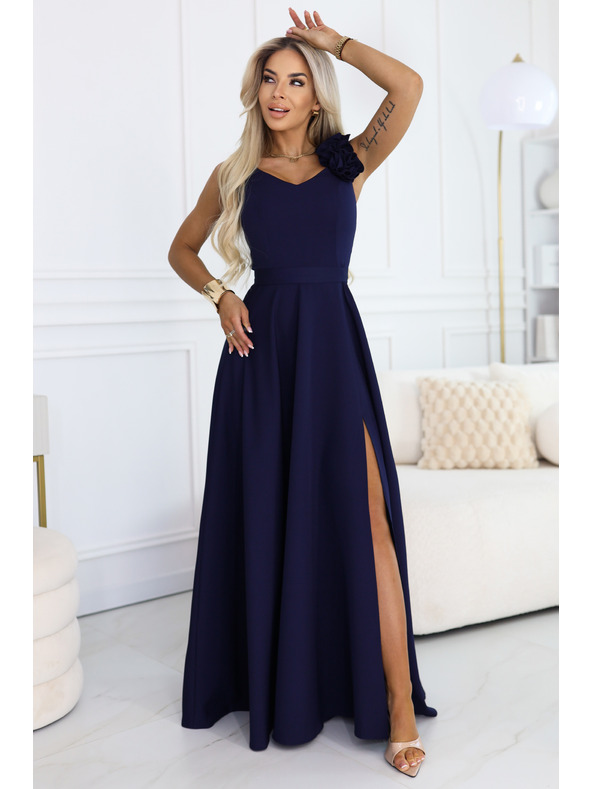 numoco Elegantne večerne maksi obleke z razporkom in vrtnicami - mornarsko modra
