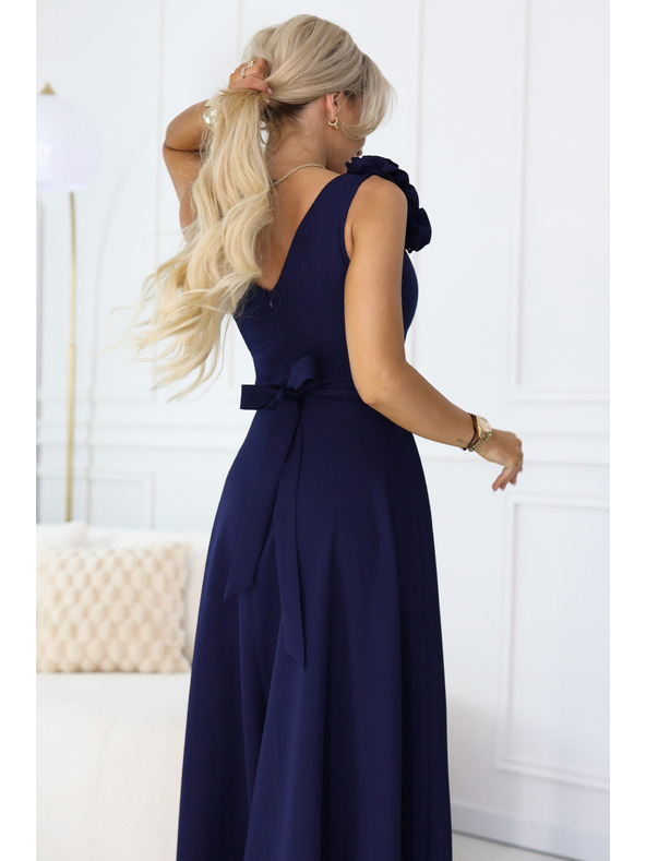 numoco Elegantne večerne maksi obleke z razporkom in vrtnicami - mornarsko modra