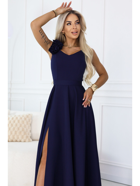 numoco Elegantne večerne maksi obleke z razporkom in vrtnicami - mornarsko modra