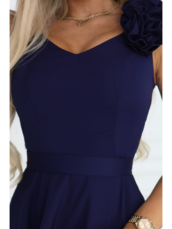 numoco Elegantne večerne maksi obleke z razporkom in vrtnicami - mornarsko modra