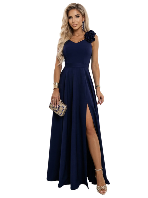 numoco Elegantne večerne maksi obleke z razporkom in vrtnicami - mornarsko modra