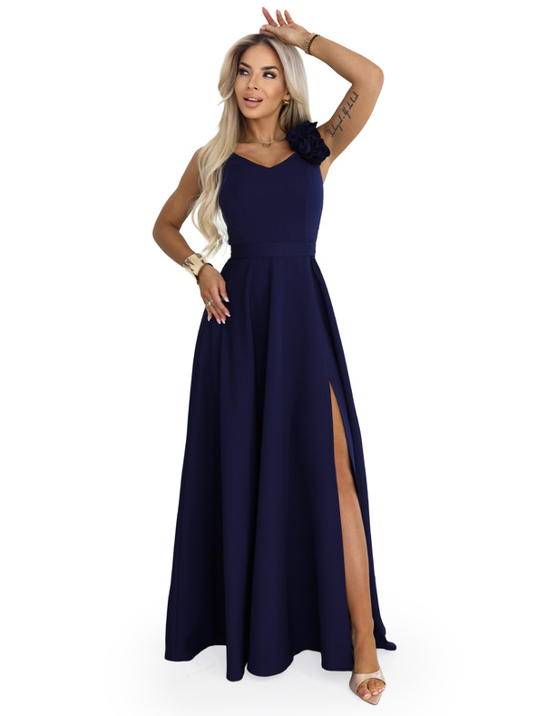 numoco Elegantne večerne maksi obleke z razporkom in vrtnicami - mornarsko modra
