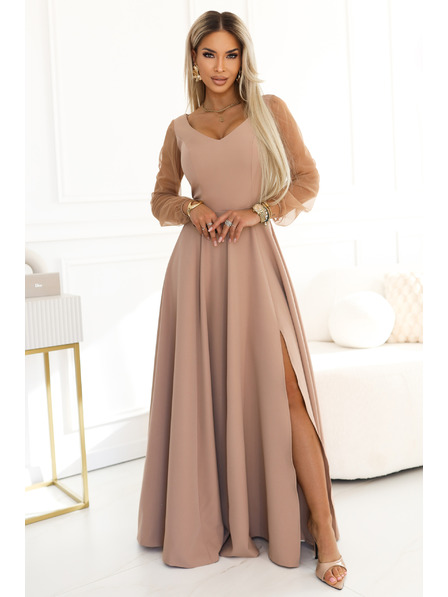 numoco LORETTA Edinstvene dolge obleke s tüllastimi rokavi in izrezom - bež
