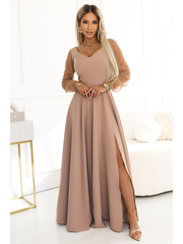 numoco LORETTA Edinstvene dolge obleke s tüllastimi rokavi in izrezom - bež