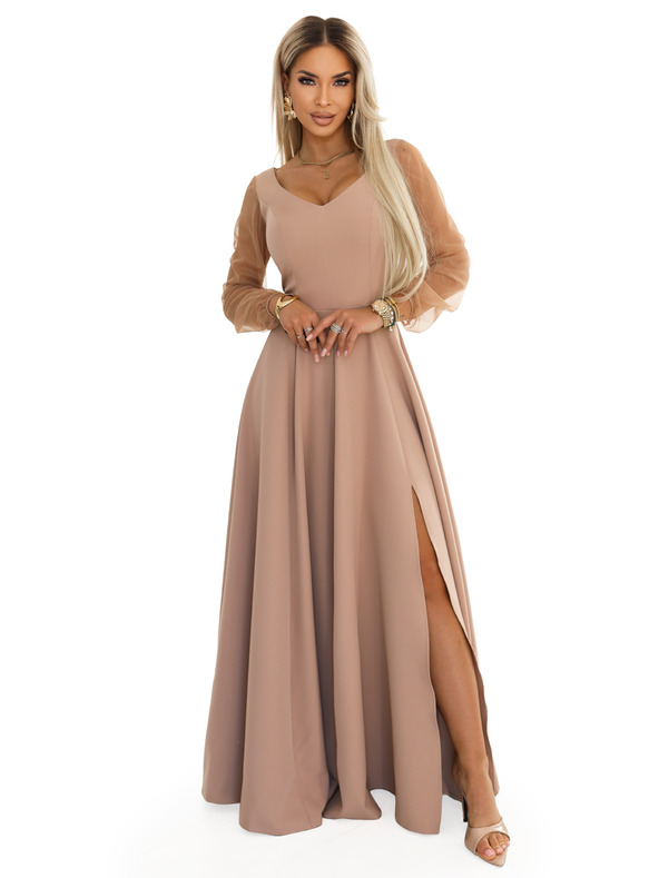 numoco LORETTA Edinstvene dolge obleke s tüllastimi rokavi in izrezom - bež
