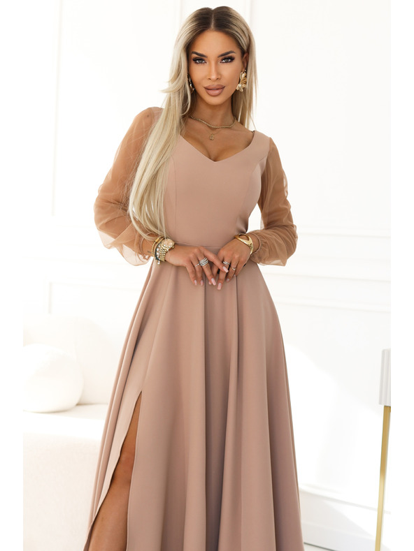 numoco LORETTA Edinstvene dolge obleke s tüllastimi rokavi in izrezom - bež