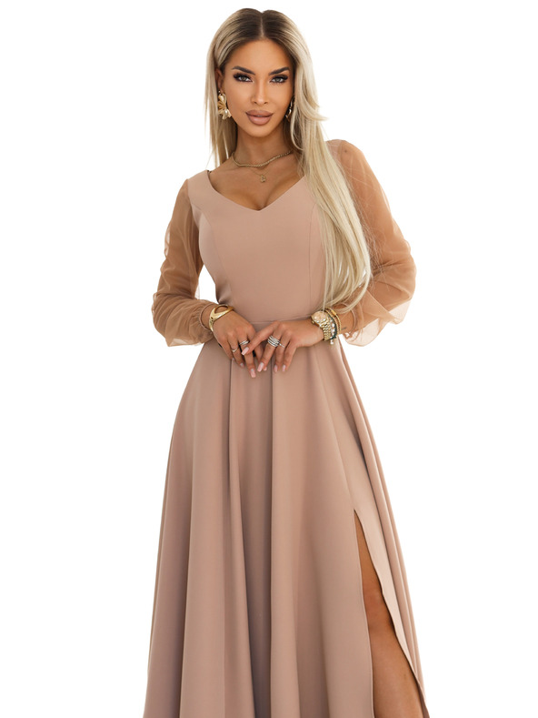 numoco LORETTA Edinstvene dolge obleke s tüllastimi rokavi in izrezom - bež