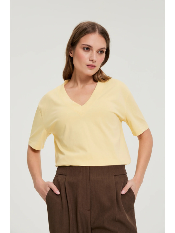 Moodo Bombažna bluza z V izrezom "V" rumena Moodo
