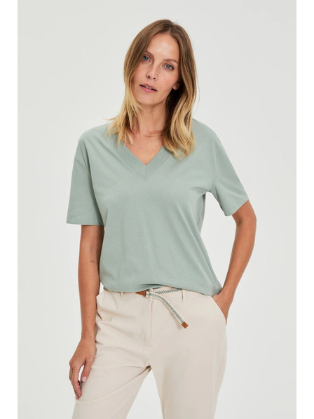 Moodo Bombažna bluza z V izrezom "V" olivna Moodo